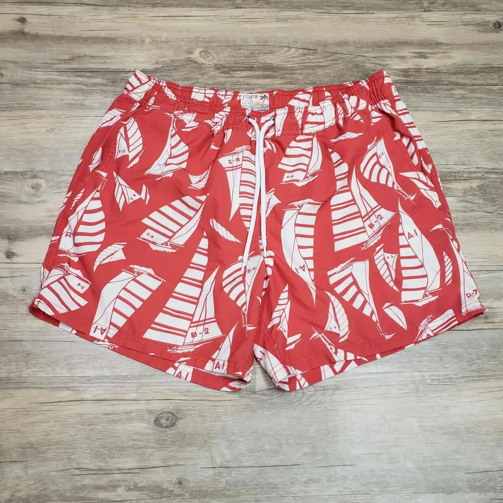 J.Crew Swim Shorts Mens Large Red Sailboat Print Drawstring Mesh Lined Beach